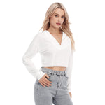 White All-Over Print Women's V-neck Lapel Long Sleeve Cropped T-shirt