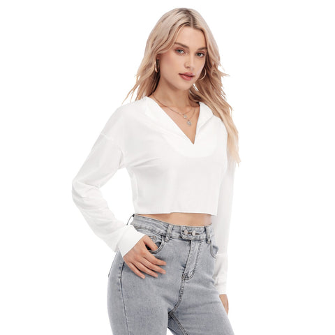 White All-Over Print Women's V-neck Lapel Long Sleeve Cropped T-shirt