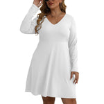 White All-Over Print Women's V-neck Long Sleeve Dress(Plus Size)