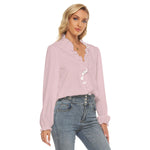 Pink All-Over Print Women's Pleated Collar V-neck Shirt