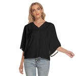 Black All-Over Print Women's Bat Sleeve Light V-neck Front Buttoned Top