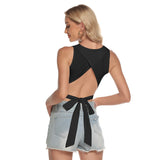 Black All-Over Print Women's Sleeveless Back Hollow Crop Top