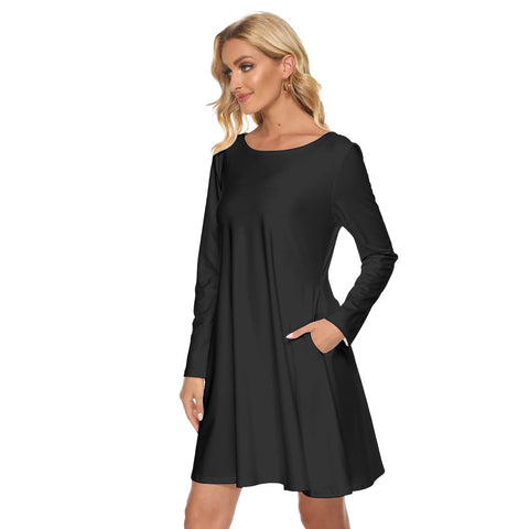 Black All-Over Print Women's Crew Neck Dress