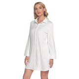 White All-Over Print Women's Lapel Shirt Dress With Long Sleeve