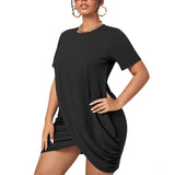 Black All-Over Print Women’s Stacked Hem Dress With Short Sleeve（Plus Size）