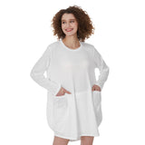 White All-Over Print Women's Casual Loose Long Sleeve Dress With Pocket