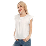 White All-Over Print Women's O-neck T-shirt With Ruffle Sleeves