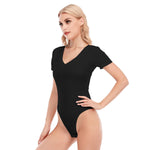 Black All-Over Print Women's V-neck Bodysuit With Short Sleeve