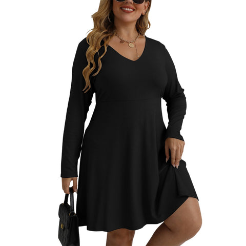 Black All-Over Print Women's V-neck Long Sleeve Dress(Plus Size)