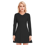 Black All-Over Print Women's V-neck Long Sleeve Dress