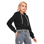 Black All-Over Print Women's Crop Top Hoodie With Zipper Closure