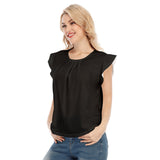 Black All-Over Print Women's O-neck T-shirt With Ruffle Sleeves