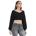 Black All-Over Print Women's V-neck Long Sleeve Cropped Sweatshirt