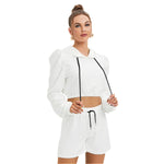 White All-Over Print Women's Mirco Fleece Hoodie And Shorts Set