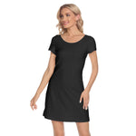 Black All-Over Print Women's Short Sleeve O-neck Dress