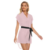 Pink All-Over Print Women's Stand-up Collar Casual Dress With Belt