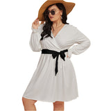 White All-Over Print Women's V-neck Dress With Waistband(Plus Size)