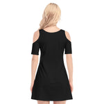 Black All-Over Print Women's Cold Shoulder O-neck Dress