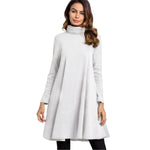 White All-Over Print Women's High Neck Dress With Long Sleeve