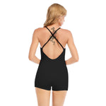 Black All-Over Print Women's Backless Romper With Black Straps