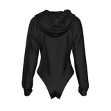 Black All-Over Print Women's Raglan Sleeve Hooded Bodysuit