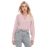 Pink All-Over Print Women's V-neck Lapel Long Sleeve Cropped T-shirt