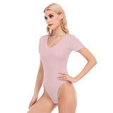 Pink All-Over Print Women's V-neck Bodysuit With Short Sleeve