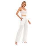 White All-Over Print Women's Waist Fungus Edge Wide-leg Pants