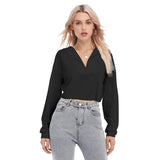 Black All-Over Print Women's V-neck Lapel Long Sleeve Cropped T-shirt