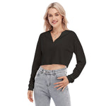 Black All-Over Print Women's V-neck Lapel Long Sleeve Cropped T-shirt