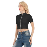 Black All-Over Print Women's Short Sleeve T-shirt With Two-way Zipper