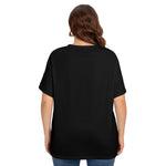 Black All-Over Print Women's Drop-shoulder Short Sleeve T-shirt With Sleeve Loops(Plus Size)