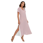 Pink All-Over Print Women's V-neck Dress With Side Slit