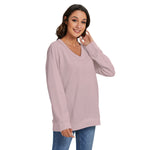 Pink All-Over Print Women's V-neck Imitation Knitted Sweater With Long Sleeve