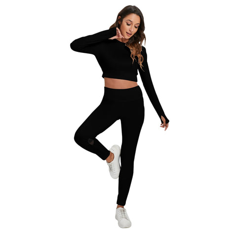 Black All-Over Print Women's Sport Set With Backless Top And Leggings