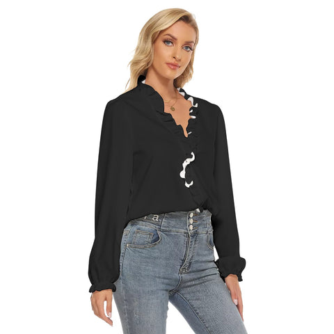 Black  All-Over Print Women's Pleated Collar V-neck Shirt