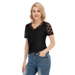 Black All-Over Print Women's V-neck T-shirt With Lace