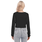 Black All-Over Print Women's V-neck Lapel Long Sleeve Cropped T-shirt