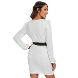 White All-Over Print Women's Long Sleeve Dress With Waist Belt