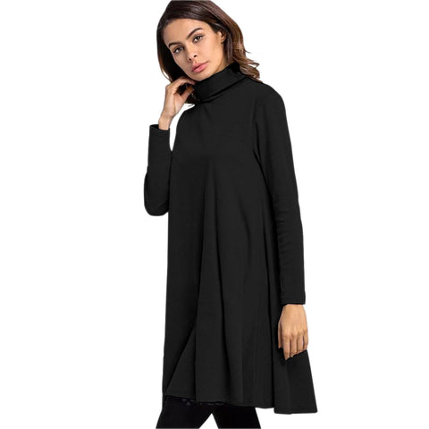 Black All-Over Print Women's High Neck Dress With Long Sleeve