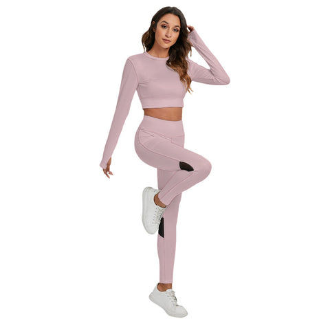 Pink All-Over Print Women's Sport Set With Backless Top And Leggings