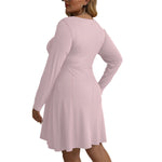 Pink All-Over Print Women's V-neck Long Sleeve Dress(Plus Size)