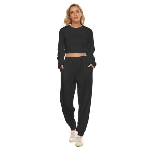 Black All-Over Print Women's Crop Sweatshirt Suit