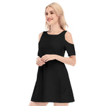 Black All-Over Print Women's Cold Shoulder O-neck Dress