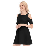 Black All-Over Print Women's Cold Shoulder O-neck Dress