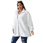 White All-Over Print Women's Borg Fleece Stand-up Collar Coat With Zipper Closure(Plus Size)