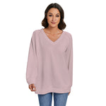 Pink All-Over Print Women's V-neck Imitation Knitted Sweater With Long Sleeve