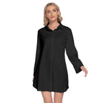 Black All-Over Print Women's Lapel Shirt Dress With Long Sleeve