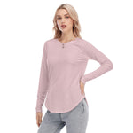 Pink All-Over Print Women's Raglan Sleeves U-Shaped Hem Long Sleeves Blouse