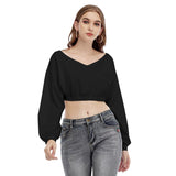 Black All-Over Print Women's V-neck Long Sleeve Cropped Sweatshirt